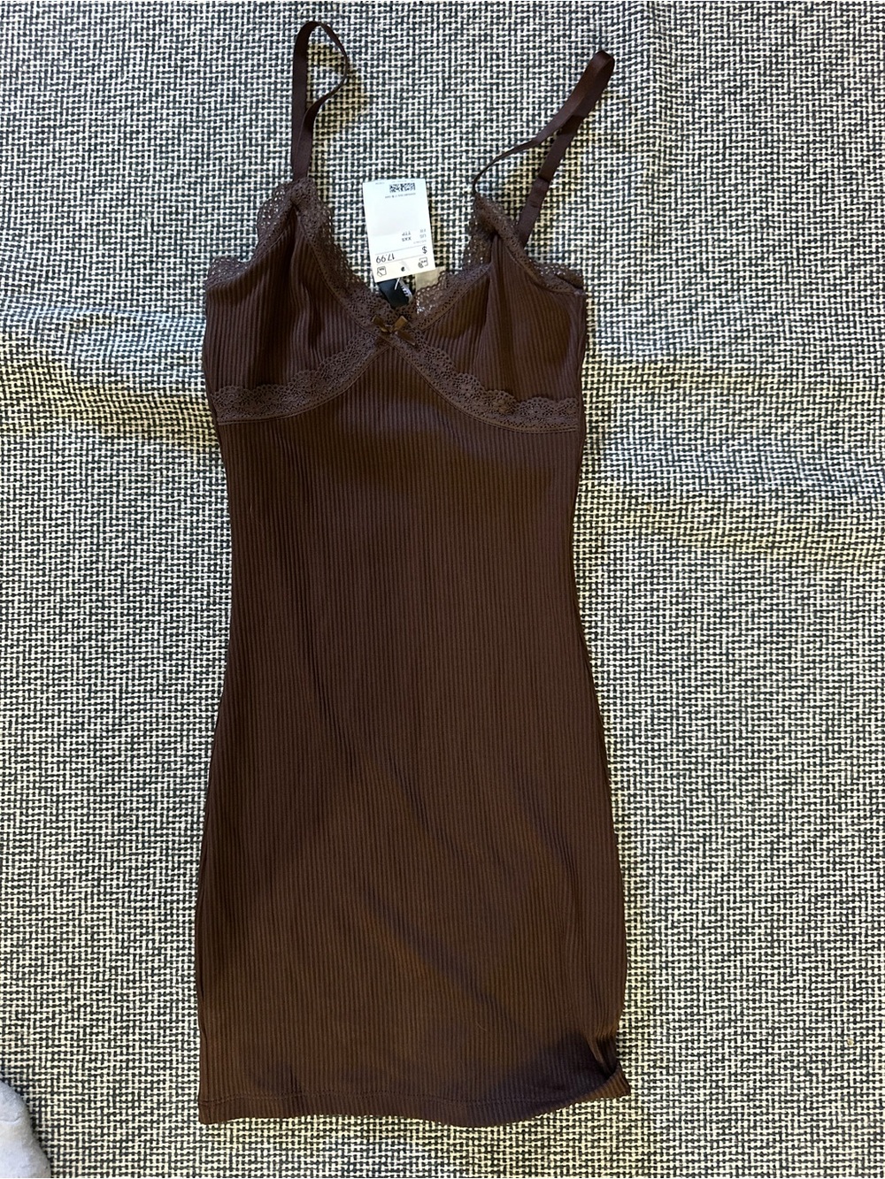 Divided Brown Ribbed Lace-Trim Slip Dress